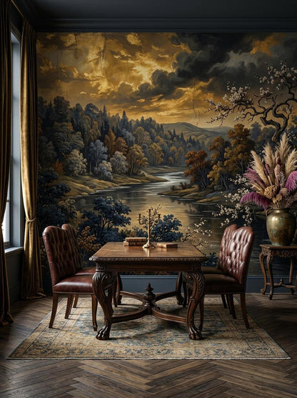 A dining table with four brown tufted chairs sits on a patterned rug in a room featuring a large vintage river landscape wall mural.