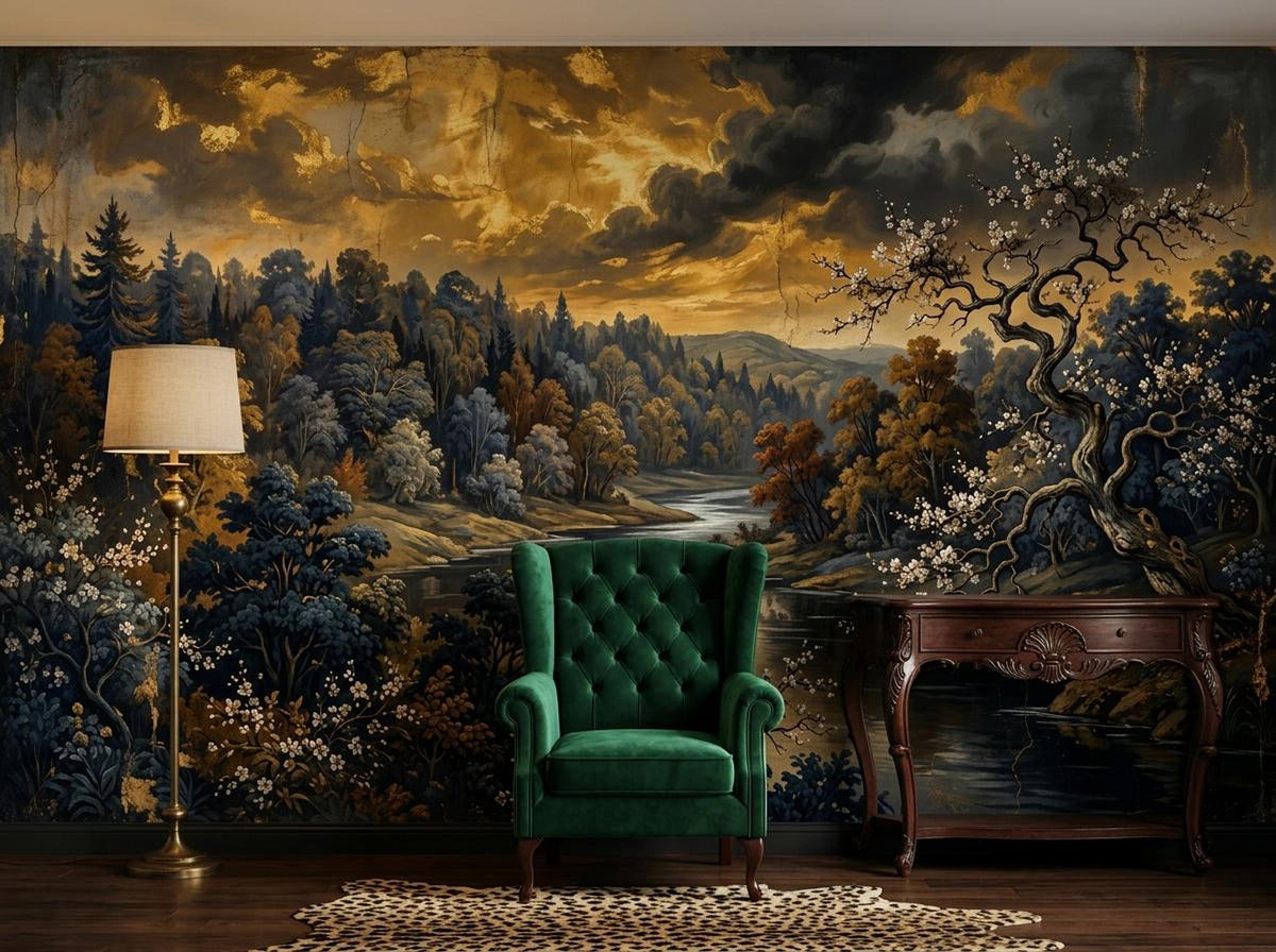 A green tufted velvet armchair sits in front of a moody vintage river landscape wall mural, flanked by a gold floor lamp and a wooden console table.