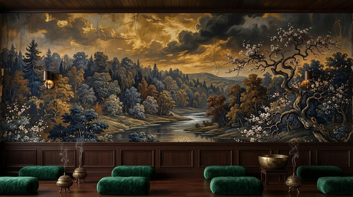 A meditation space features green cushions on a wooden floor, small incense burners, and a brass singing bowl against a moody river landscape mural.
