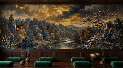 A meditation space features green cushions on a wooden floor, small incense burners, and a brass singing bowl against a moody river landscape mural.