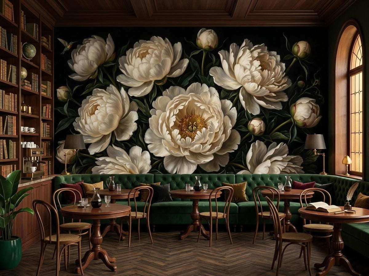 A large dark floral wallpaper mural of white peonies as a backdrop for a restaurant interior with wooden tables and a green velvet booth.