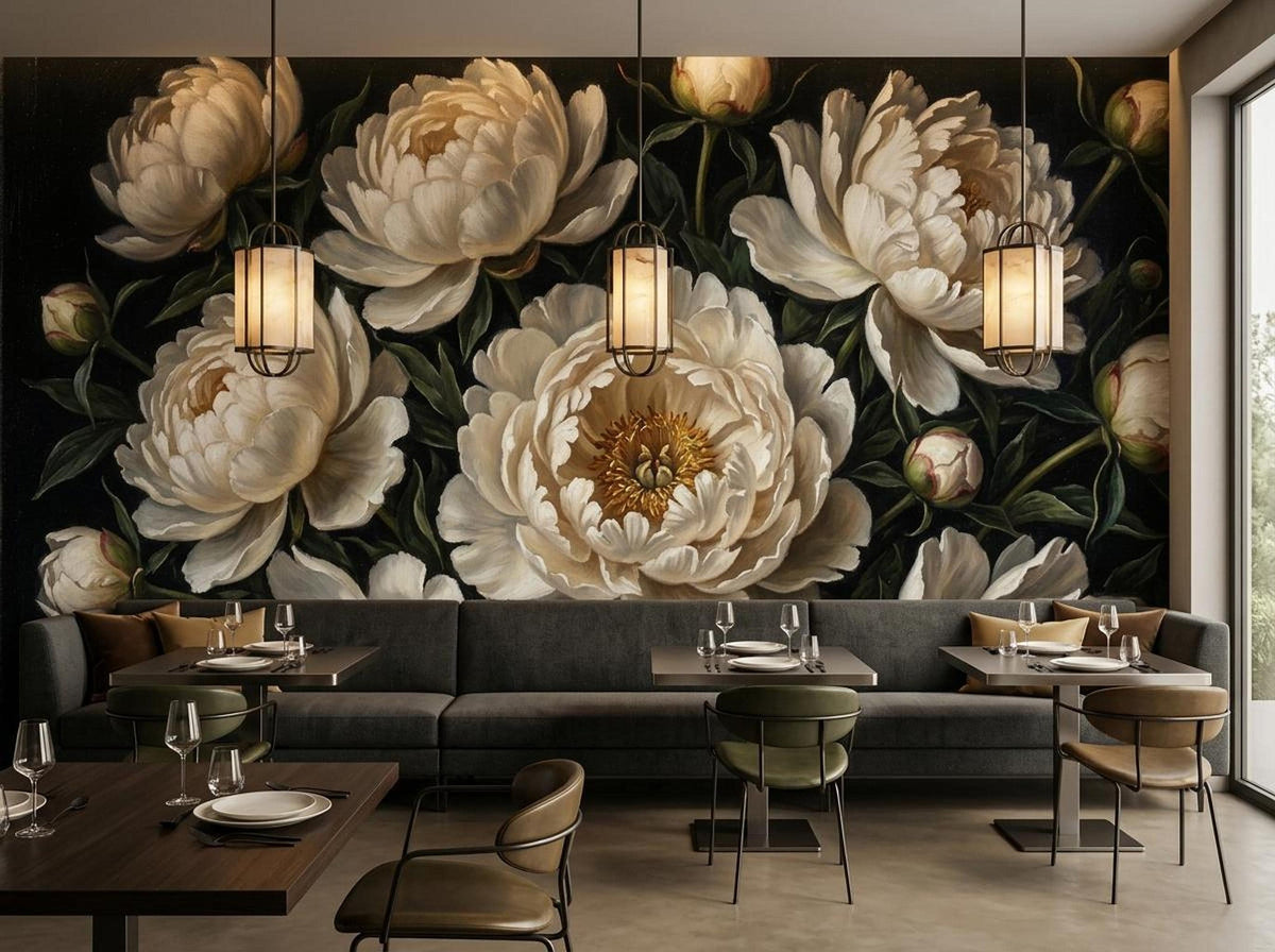 A vintage dark floral wall mural featuring large white peonies above a grey banquette and minimalist dining tables with hanging pendant lights.