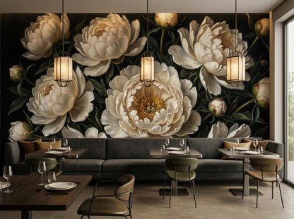 A vintage dark floral wall mural featuring large white peonies above a grey banquette and minimalist dining tables with hanging pendant lights.
