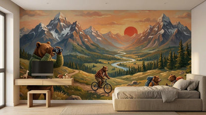 A bedroom showing a mountain mural with illustrated bears, a bed with a grey comforter, and a wooden desk.