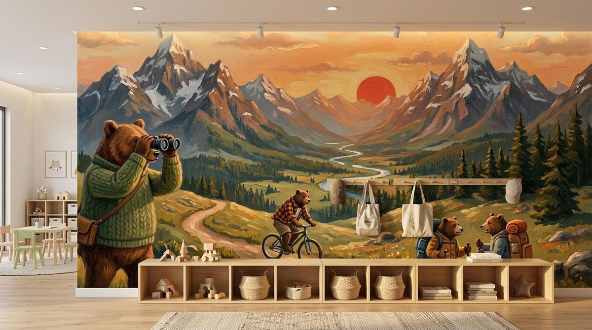 A playroom setup with a mountain adventure bear wallpaper mural, low wooden storage cubbies, and a small kids table and chairs.