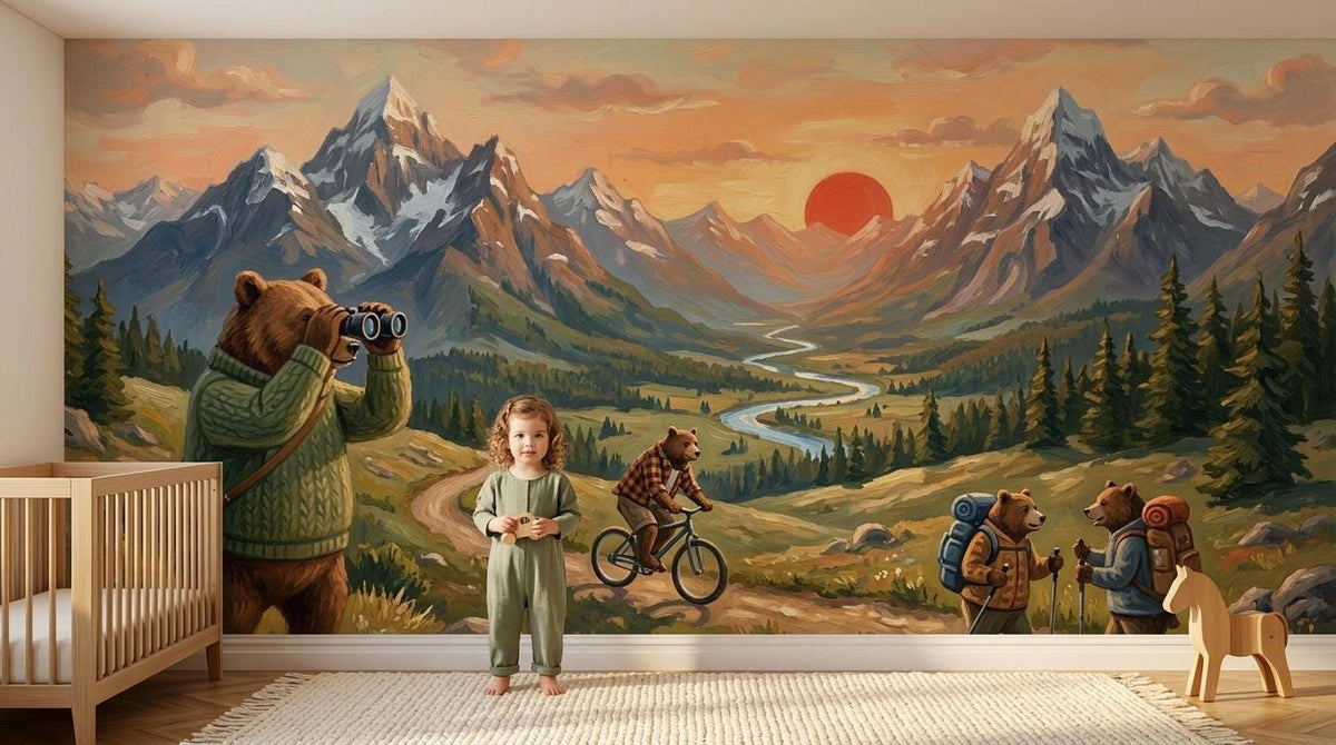 A nursery wall features an illustrated mountain landscape mural with anthropomorphic bears, alongside a crib and a standing toddler.