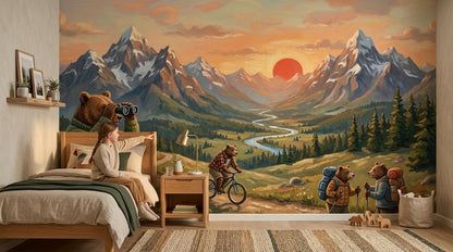 A child sits on a wooden bed in a bedroom featuring a wall mural of a mountain landscape with illustrated bears.