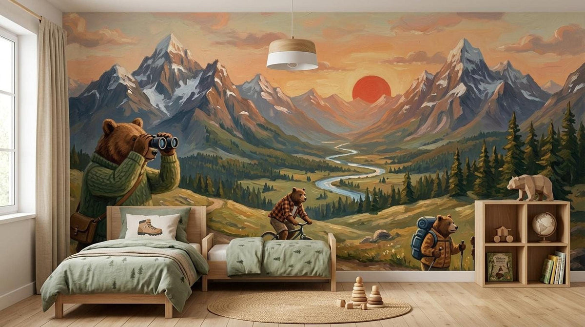 A child's bedroom with a mountain and bear mural wall, a single bed, a pendant light, and a wooden bookshelf.