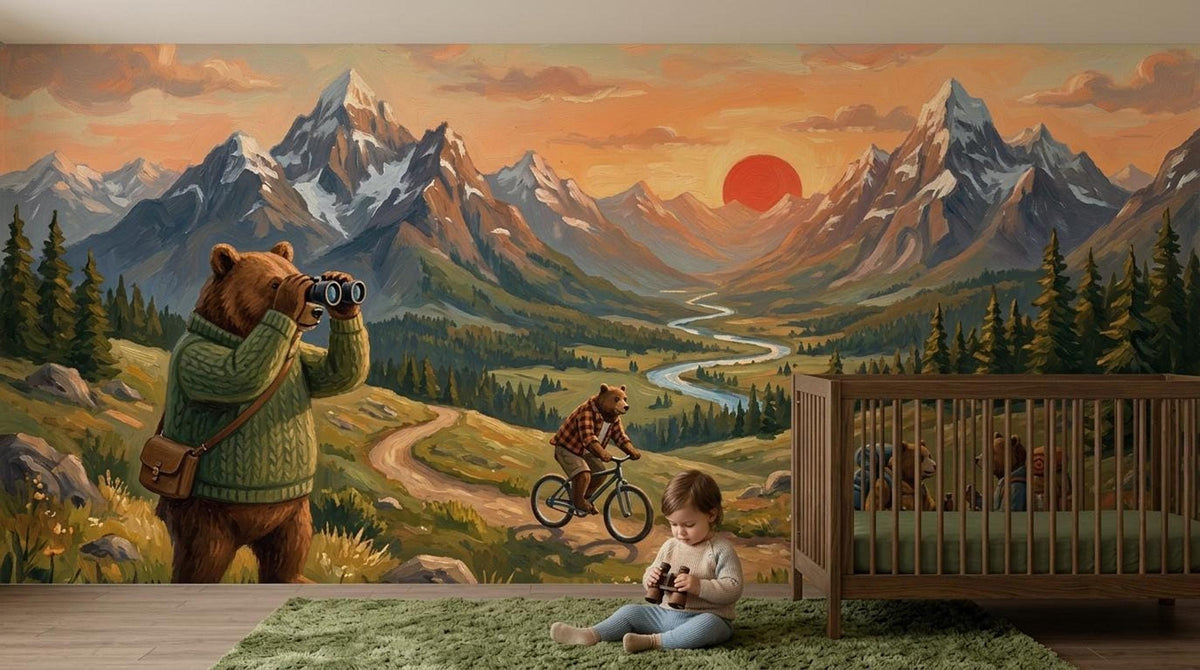 A child sits on a green rug holding binoculars in front of a large painted mountain mural with bears, beside a wooden crib.