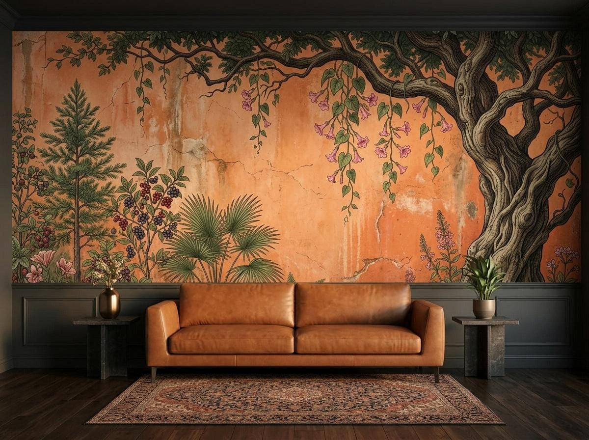 A brown leather sofa is centered against a large terracotta and green botanical tree mural above a patterned rug.