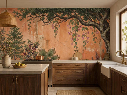 A kitchen features wood cabinets and countertops in front of a large scale vintage botanical garden wall mural with terracotta background.