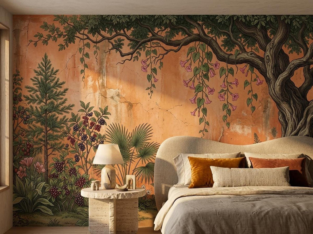 A bedroom features a terracotta botanical tree wall mural behind a bed with neutral linens and pillows next to a round side table and lamp.