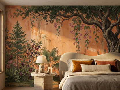 A bedroom features a terracotta botanical tree wall mural behind a bed with neutral linens and pillows next to a round side table and lamp.