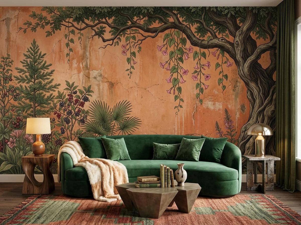 A green velvet sofa sits on a patterned rug in front of a large terracotta and green botanical tree mural.