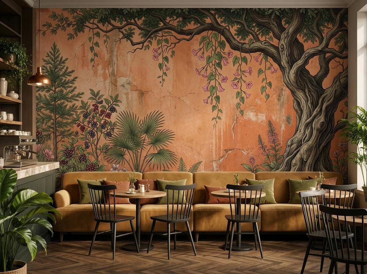 A living area features a yellow sofa against a botanical tree wall mural in terracotta and green tones.