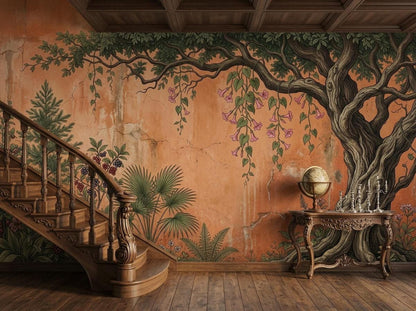 A wooden staircase and small console table are positioned in front of a terracotta botanical garden wall mural.