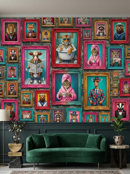 A green velvet sofa is placed against a maximalist animal portrait wallpaper, flanked by floor lamps and tables.