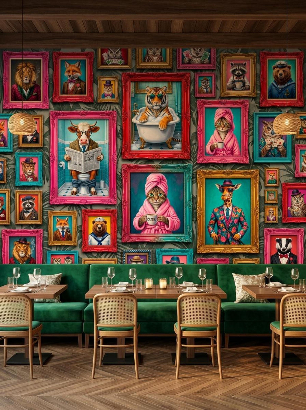 Dining tables and rattan chairs are arranged in front of an animal portrait wallpaper mural.
