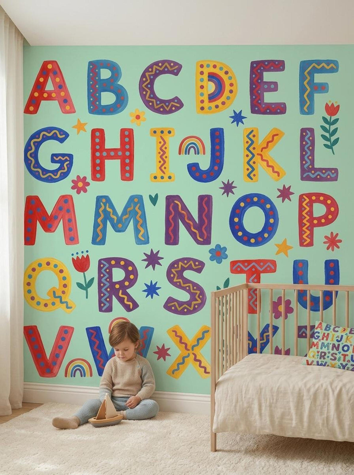 A toddler sits on the floor playing with a wooden toy against a mint green wall featuring a folk art alphabet mural.