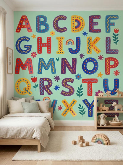 A child's bedroom setup with a wooden bed and toy shelf positioned in front of a mint green wall featuring a folk art alphabet mural.