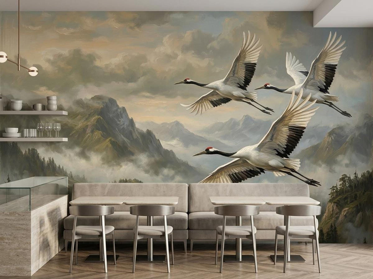 A dining space with multiple small tables and chairs in front of a large mural of flying cranes and mountains.
