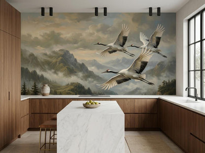 A kitchen with dark wooden cabinets and a marble island backed by a large wall mural of flying cranes and mountains.