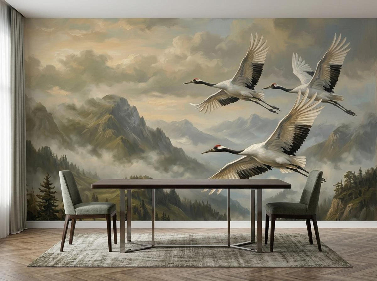 A dining room with a long table and two chairs positioned against a wall mural of misty mountains and flying cranes.