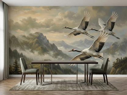A dining room with a long table and two chairs positioned against a wall mural of misty mountains and flying cranes.