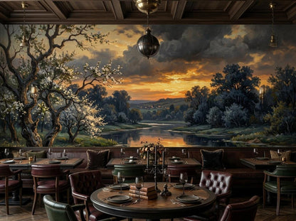 A dining space with multiple round wooden tables and chairs set against a panoramic wall mural of a river winding through a landscape at sunset.