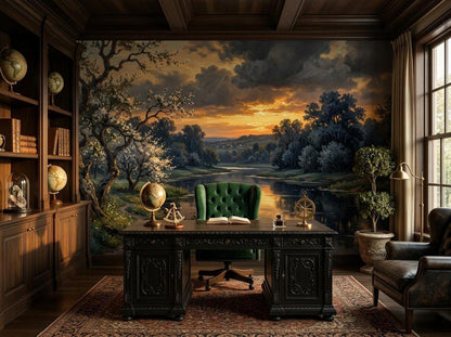 A library with dark wood paneling, a green tufted office chair at a desk, bookshelves, and a large vintage river landscape wall mural.