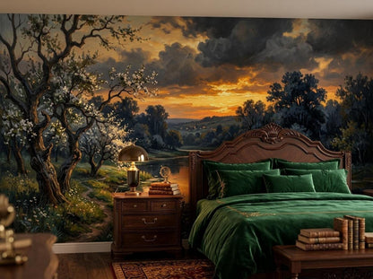 A bedroom showcases a large river sunset wall mural behind a dark wooden bed with green velvet bedding and a matching nightstand.