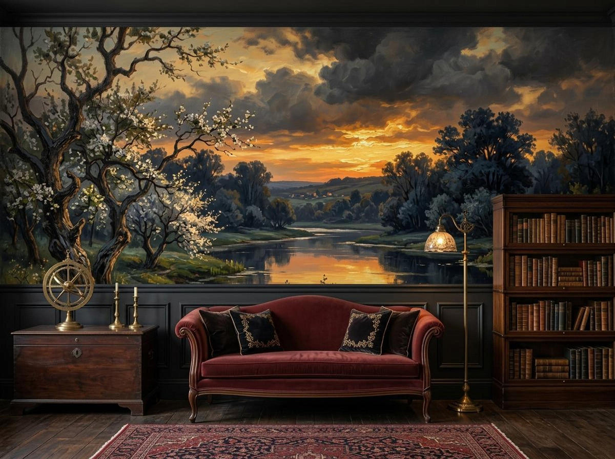 A room features a dark accent wall with a large landscape mural of a river at sunset, a red velvet sofa, a wooden chest, and a bookshelf.