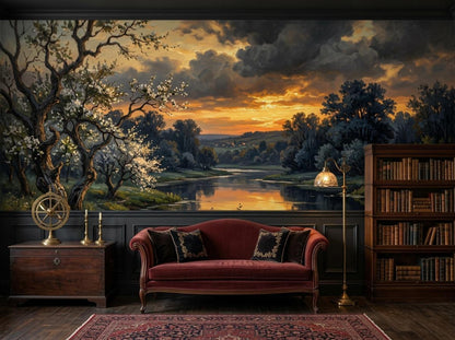A room features a dark accent wall with a large landscape mural of a river at sunset, a red velvet sofa, a wooden chest, and a bookshelf.