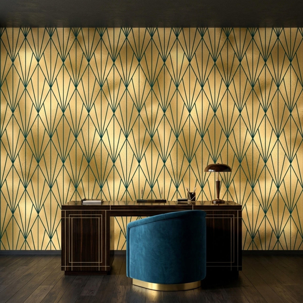 A home office features a dark wood desk against a gold and dark green art deco geometric wallpaper accent wall.
