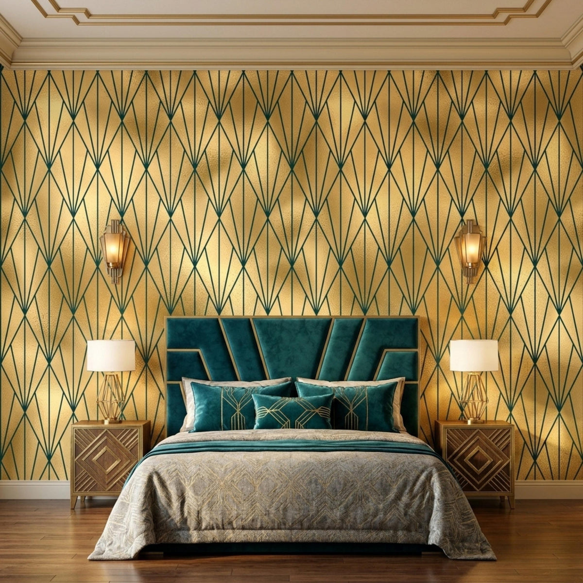 A bedroom features a teal and gold tufted headboard against a gold and dark green art deco geometric wallpaper accent wall.
