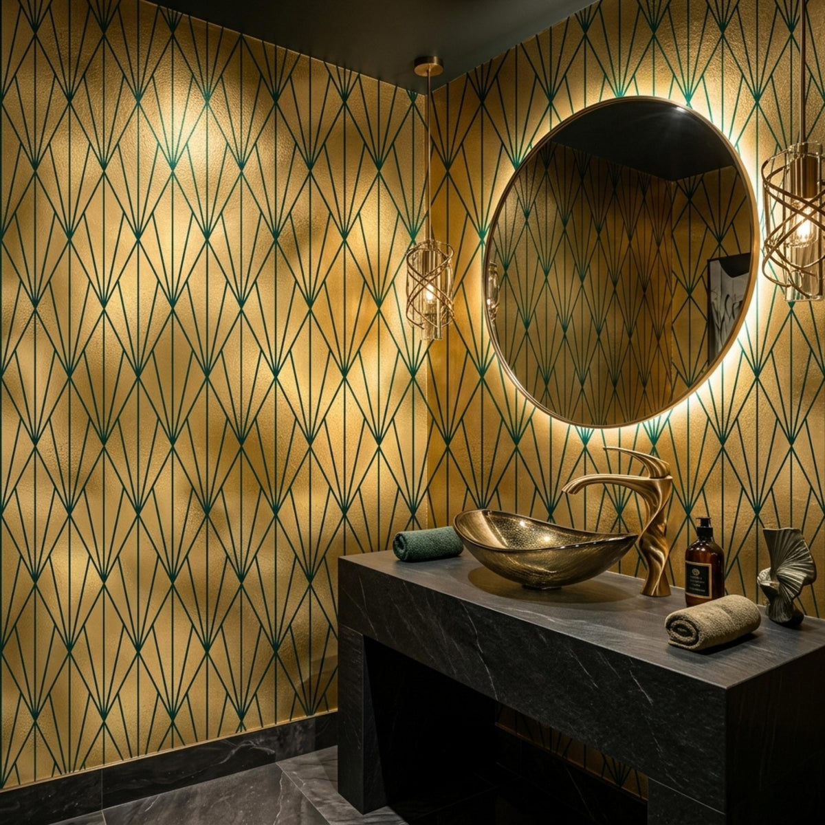 A powder room features a dark stone vanity and round mirror against gold and dark green art deco geometric wallpaper.
