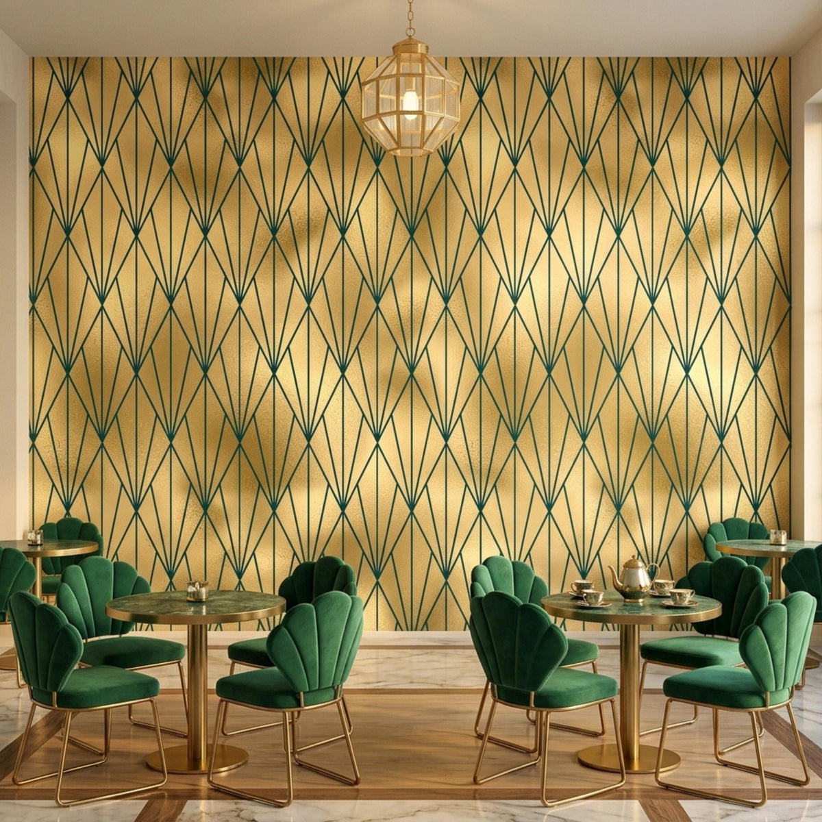A dining space features multiple tables and green velvet chairs set against gold and dark green art deco geometric wallpaper.