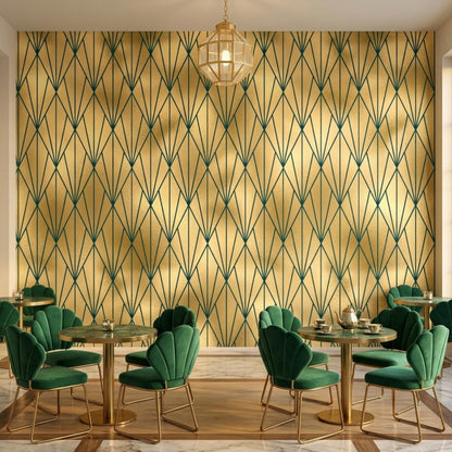 A dining space features multiple tables and green velvet chairs set against gold and dark green art deco geometric wallpaper.