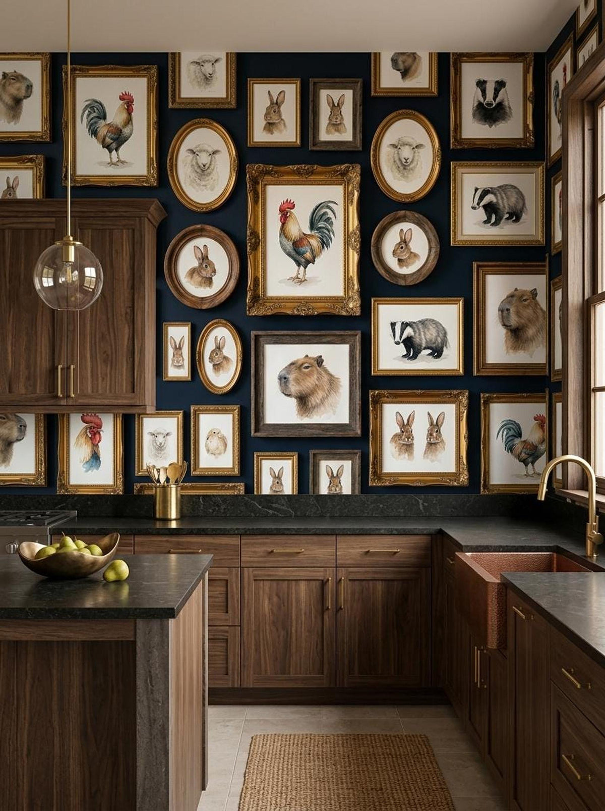 A kitchen features dark wooden cabinetry and a dark blue accent wall covered in vintage animal artwork in ornate frames.