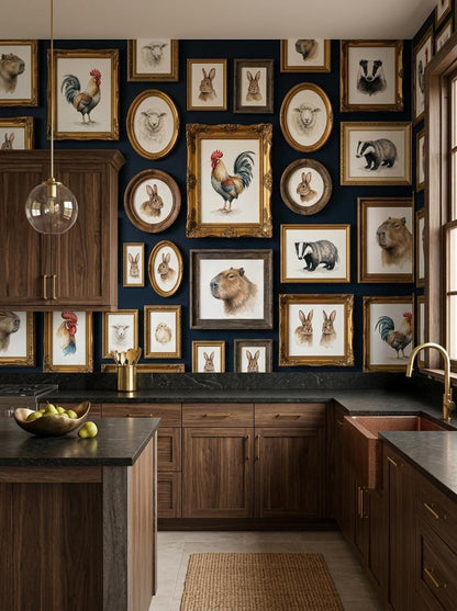A kitchen features dark wooden cabinetry and a dark blue accent wall covered in vintage animal artwork in ornate frames.