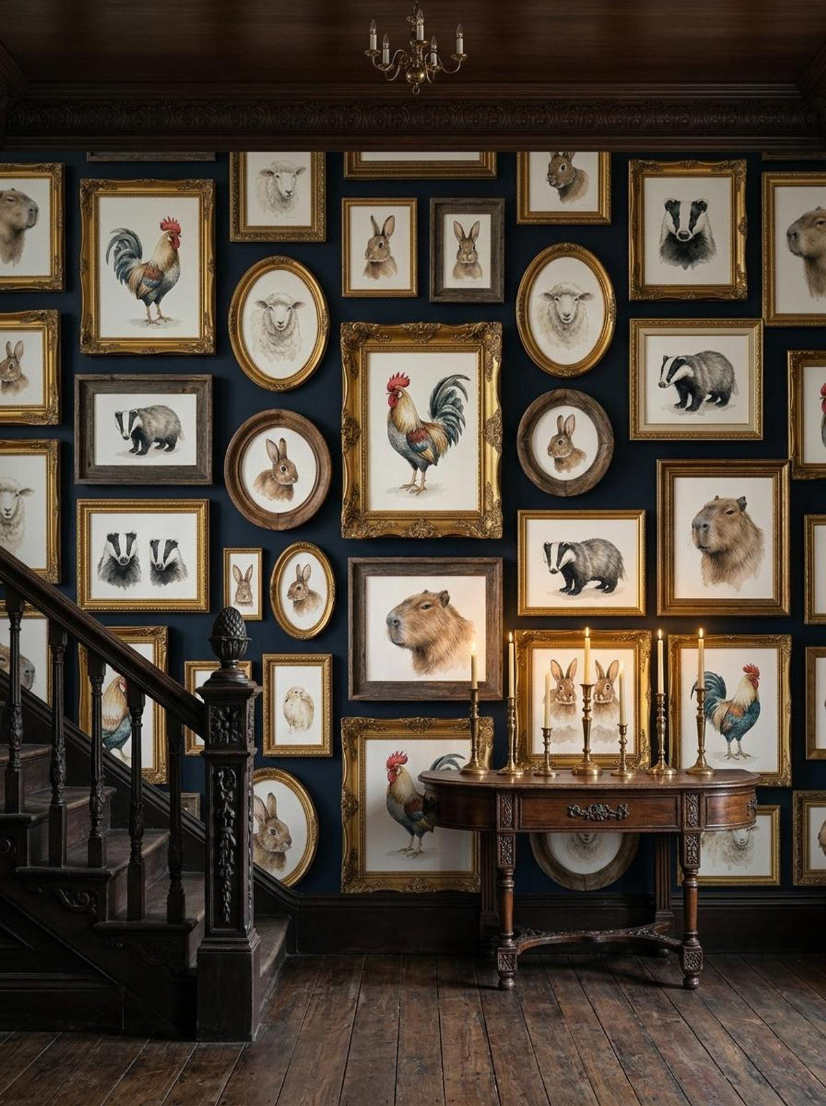 A hallway with a wooden staircase features a dark blue wall showcasing a gallery of framed vintage animal portraits and a small wooden console table.