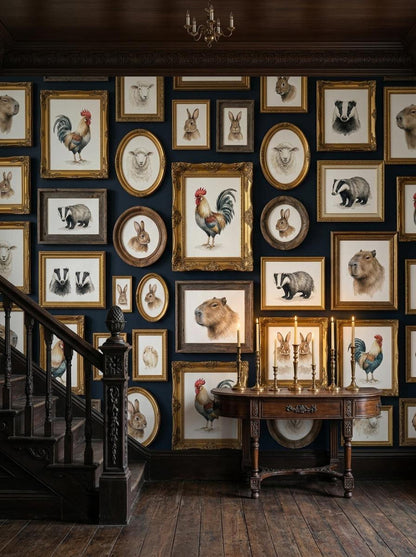 A hallway with a wooden staircase features a dark blue wall showcasing a gallery of framed vintage animal portraits and a small wooden console table.
