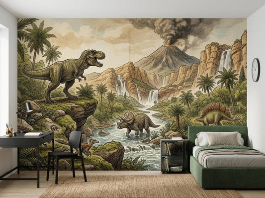 A child's room with a prehistoric dinosaur jungle wall mural featuring a T-Rex, volcano, and waterfalls, alongside a green twin bed and a black desk.