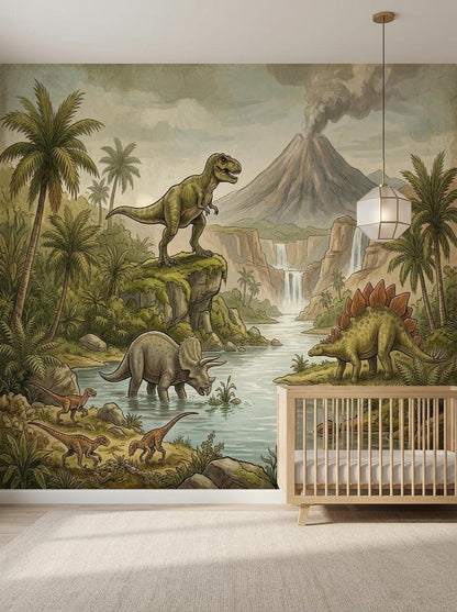 A wooden crib sits on a light-colored rug in front of a vintage prehistoric landscape wallpaper featuring an active volcano and multiple dinosaurs.