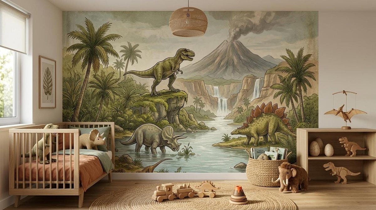 A nursery features dinosaur wall art on the main wall, a wooden crib, a woven toy basket, and dinosaur toys on a shelf.