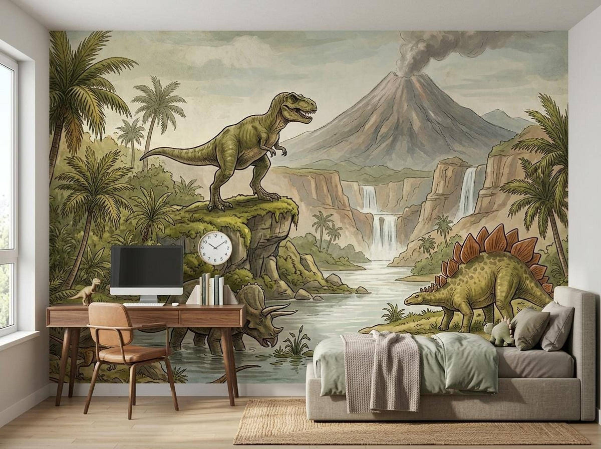 A child's bedroom features dinosaur wallpaper on the accent wall behind a wooden desk and a twin bed with a green duvet.