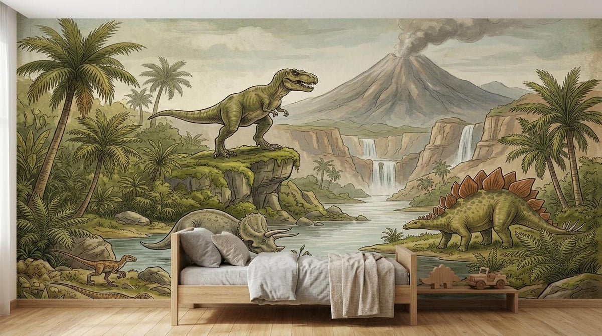 A wooden single bed with grey pillows is placed against a wall covered in a hand-drawn prehistoric dinosaur wallpaper.