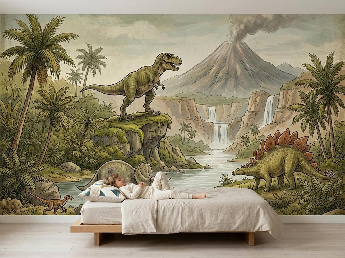 A young child lies on a low wooden platform bed against a large prehistoric wall mural showing a smoking volcano and various dinosaurs.