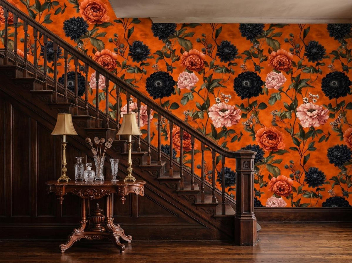 A wooden staircase with matching wainscoting sits beside a wall covered in bold orange and dark blue peony floral wallpaper.