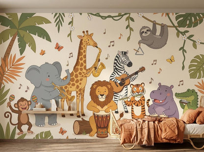 A playful jungle animal orchestra wall mural features a giraffe playing a saxophone, a lion drumming, and other animals with musical instruments behind a wooden bed.